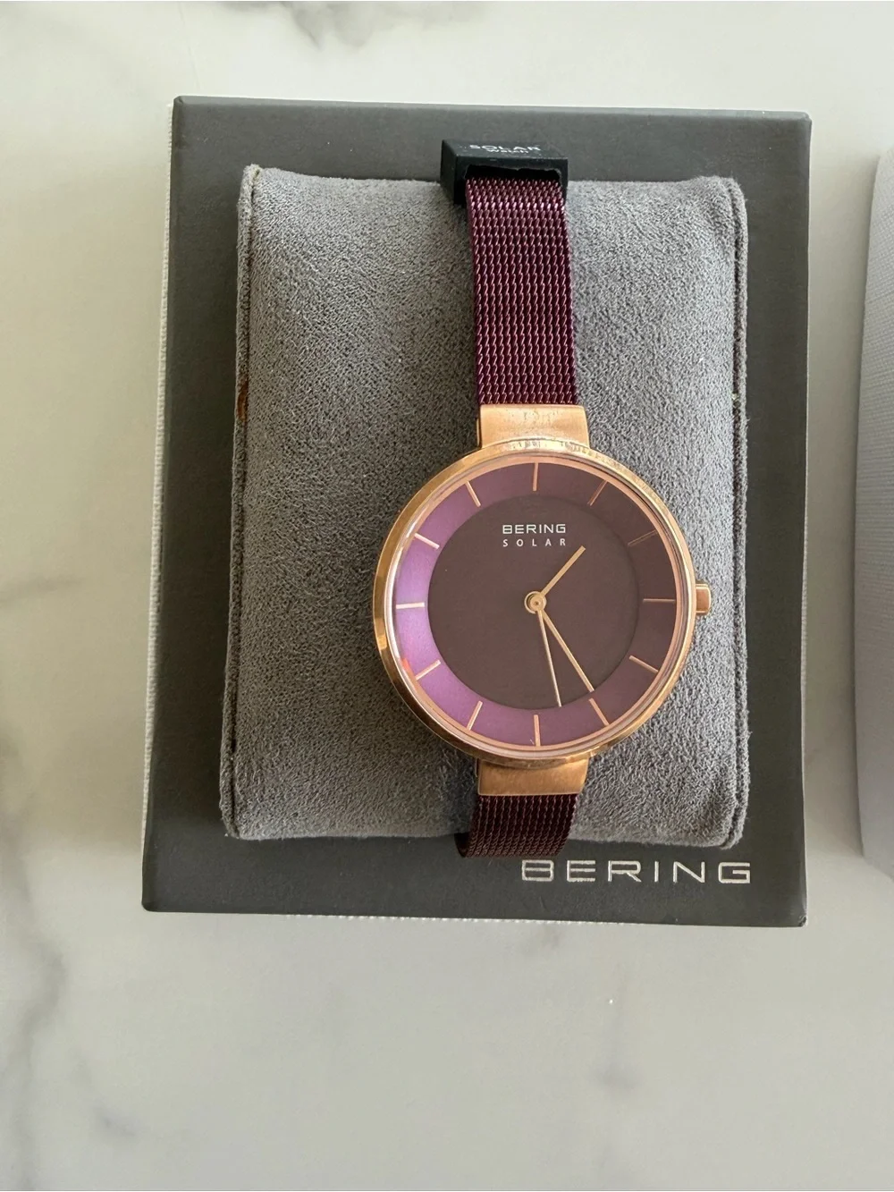 BERING Women's Solar Plum Dial Rose Gold Case Mesh Strap Watch